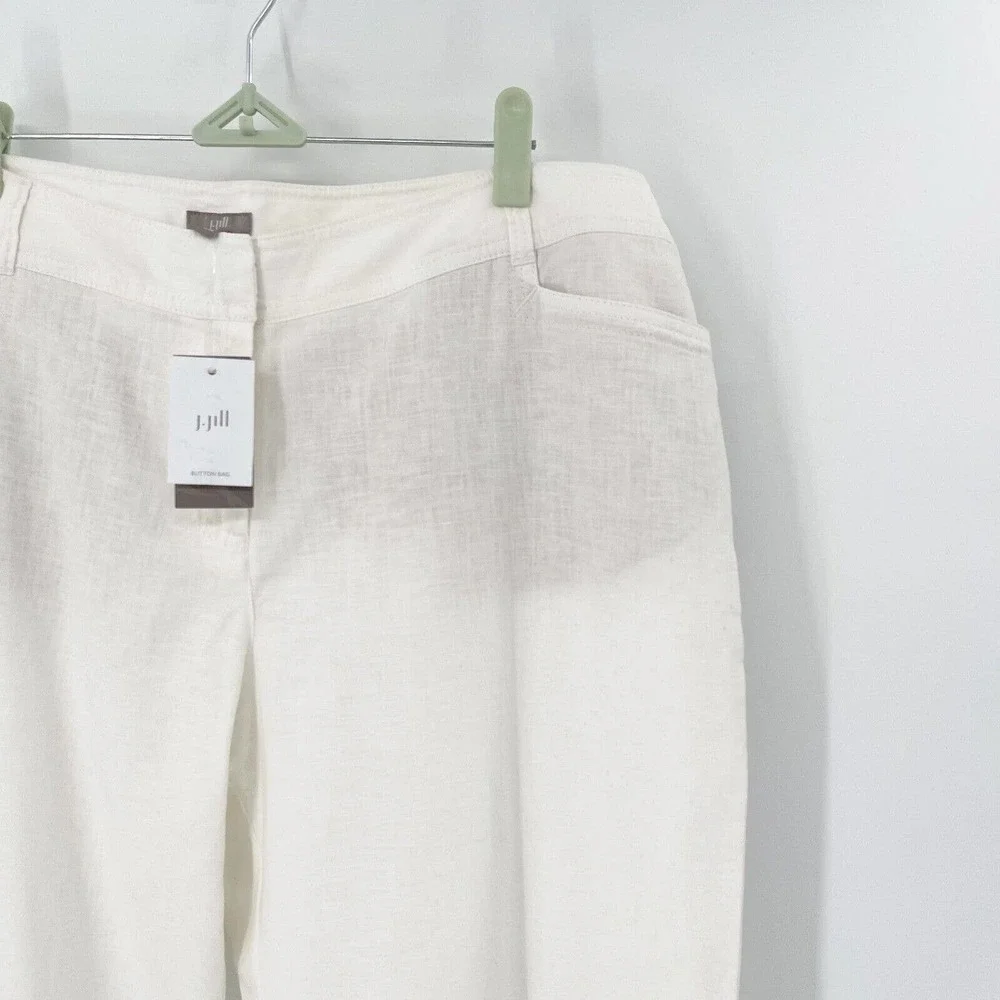 J.Jill Linen Straight Pants Sz 14 White Seamed High Rise Flat Front Pockets‎ NWT
